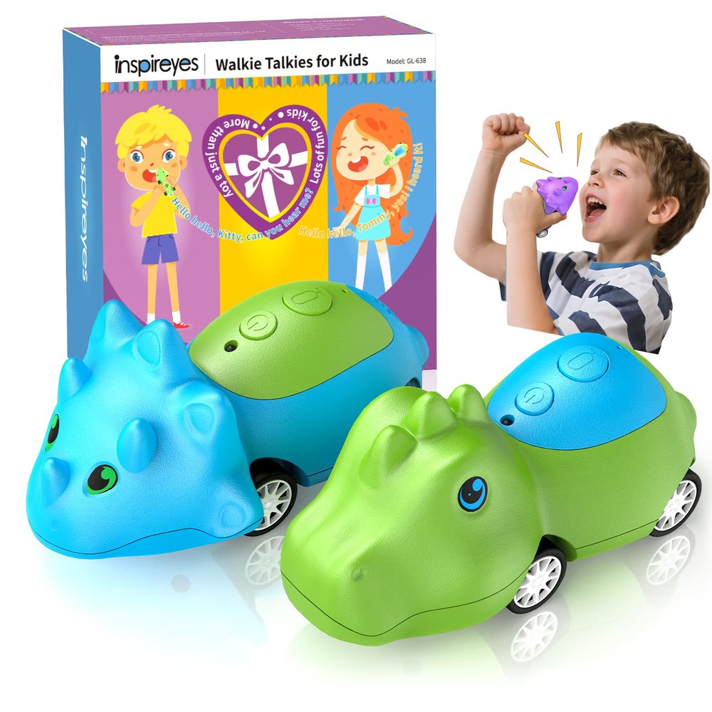 Inspireyes Dinosaur Kids Walkie Talkies 2 Pack, Toys for Boys Girls Age 3 to 5 7, 48H Playtime, Fun for Home or Yard, T-Rex Rechargeable Gift Birthday Christmas Camping Toddlers