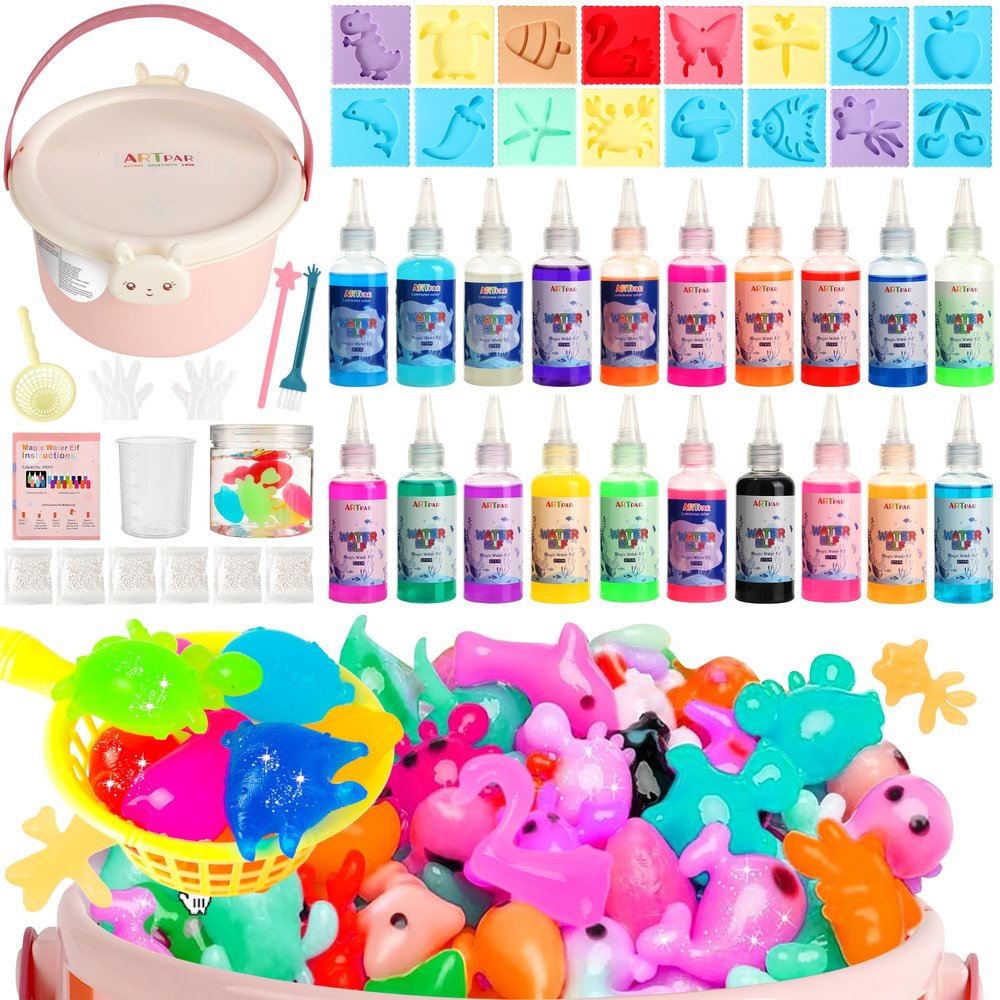 ARTPAR Water Elf Magic Gel Kit - 20 Colorful Gels + 16 Fantasy Molds - Non-Toxic Sensory Toys for Kids - Creative Arts & Crafts Project - Birthday Gifts for 5 6 7 8 9 10 Year Old Girls Boys
