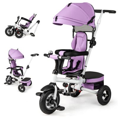 HONEY JOY Tricycle, 5-in-1 Folding Baby Trike Stroller w/Adjustable Handle & Canopy, Reversible Seat, Safety Belt, Folding Pedal, Bell, Storage, Push Tricycle for Toddlers 1-5 Years Old (Purple)