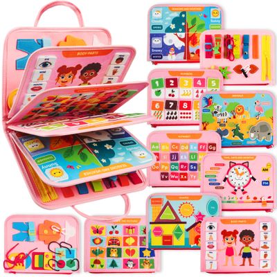 Clever Fox Montessori Busy Board for Toddlers 20+ Learning Activities Baby Book Sensory Fine Motor Toys for Kids 2, 3 Year Old Boy & Girl Sensory Learning Board for Travel, Plane, Gifts (Pink)