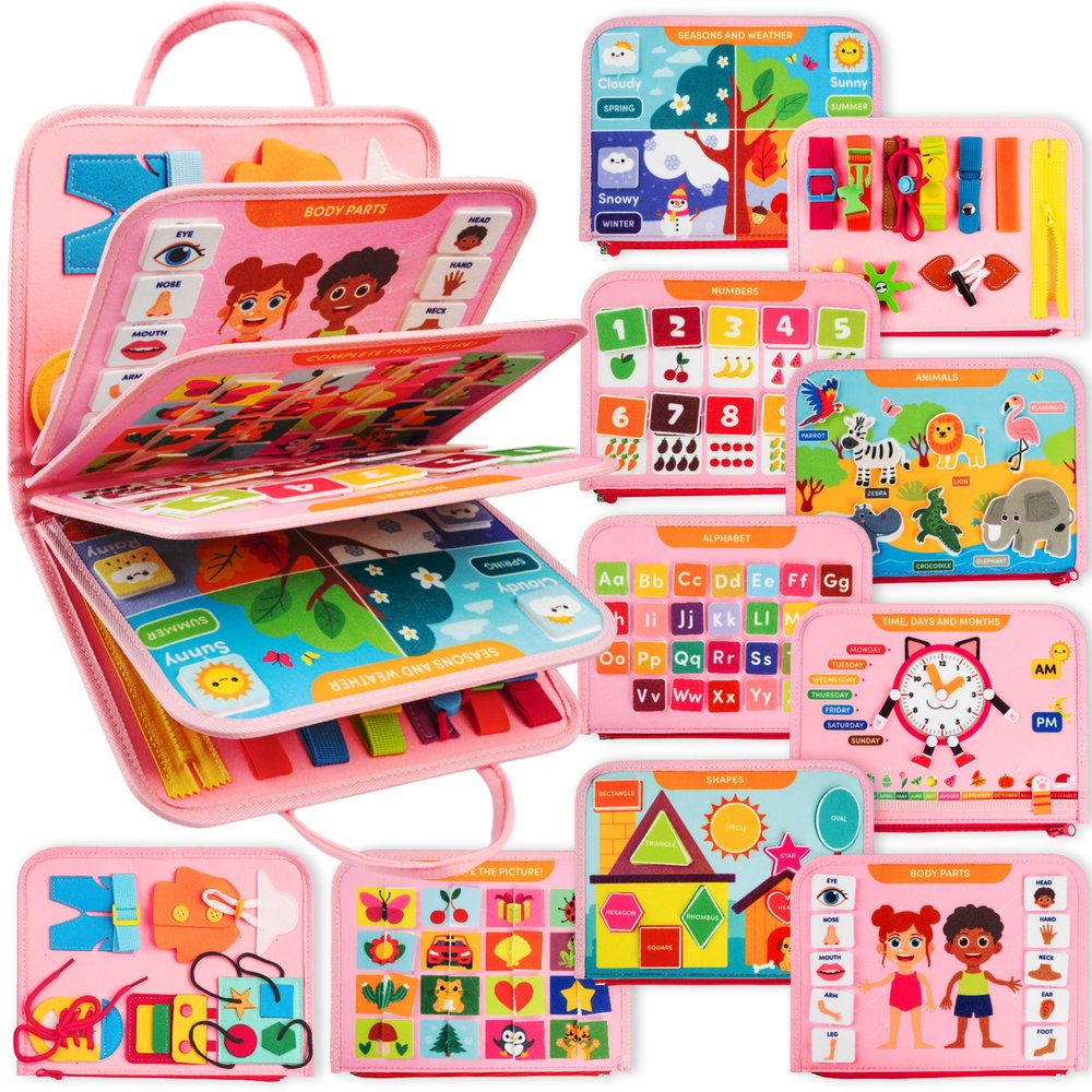 Clever Fox Montessori Busy Board for Toddlers 20+ Learning Activities Baby Book Sensory Fine Motor Toys for Kids 2, 3 Year Old Boy & Girl Sensory Learning Board for Travel, Plane, Gifts (Pink)