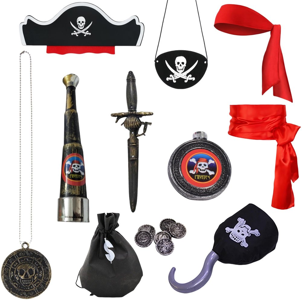10Pcs Pirate Accessories Set Role Play Captain Pirate Costume Decorations Pirate Hook Hat Telescope Headscarf Belt Eye Patch Halloween Costume