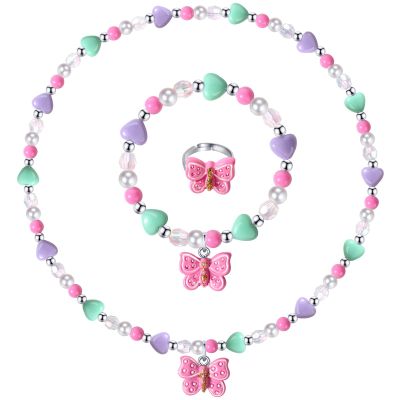 Girls Colorful Butterfly Jewelry Set - Toddler Butterfly Necklace Girls Pretend Plasy Toy Jewelry Box Set with Bead Necklace, Bracelet and Ring - Play Accessories - Ages 3+ Girl Birthday Gifts-Style 2