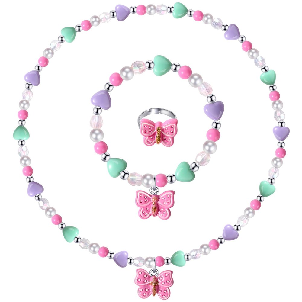 Girls Colorful Butterfly Jewelry Set - Toddler Butterfly Necklace Girls Pretend Plasy Toy Jewelry Box Set with Bead Necklace, Bracelet and Ring - Play Accessories - Ages 3+ Girl Birthday Gifts-Style 2