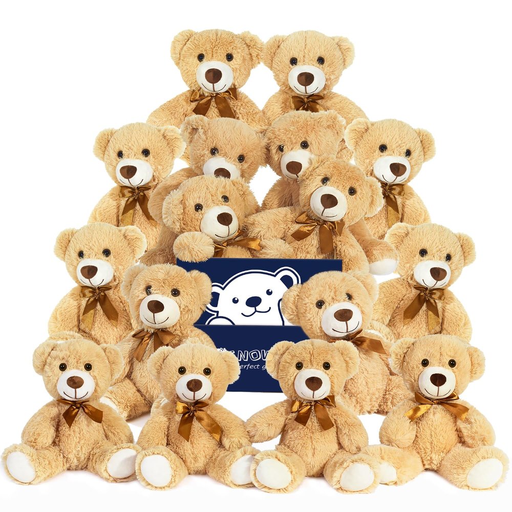 16 Pcs Teddy Bears Bulk Baby Shower, 13.7 inch Small Teddy Bear Stuffed Animal Toys for Christmas Valentine's Mother's Day Centerpieces Decorations for Kids Adults, Light Brown