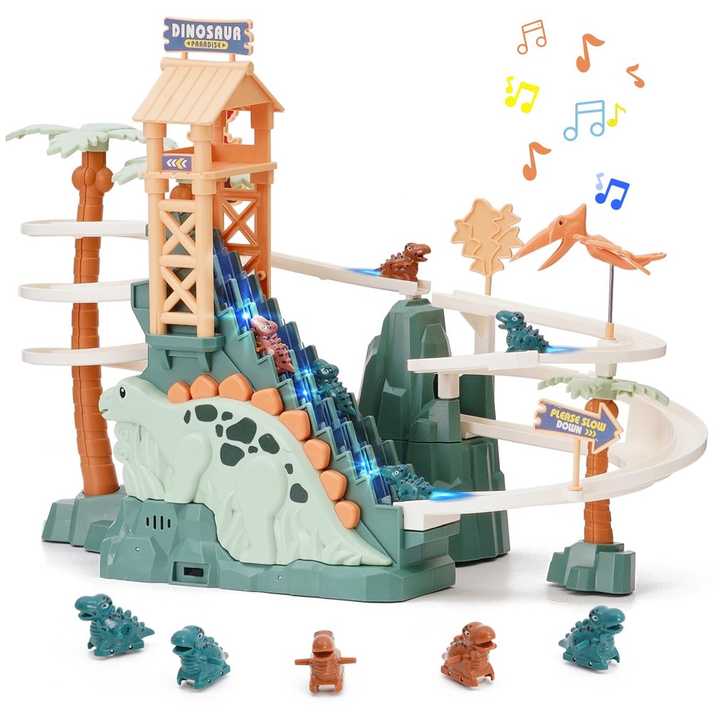 Dinosaur Climbing Stairs Toy Orbit Chasing Race Track Game Set Roller Coaster Toy Double Loop Track Slide Toys with Music Light Educational Playsets Gift for Toddler Kids Boys Girls Age 3+