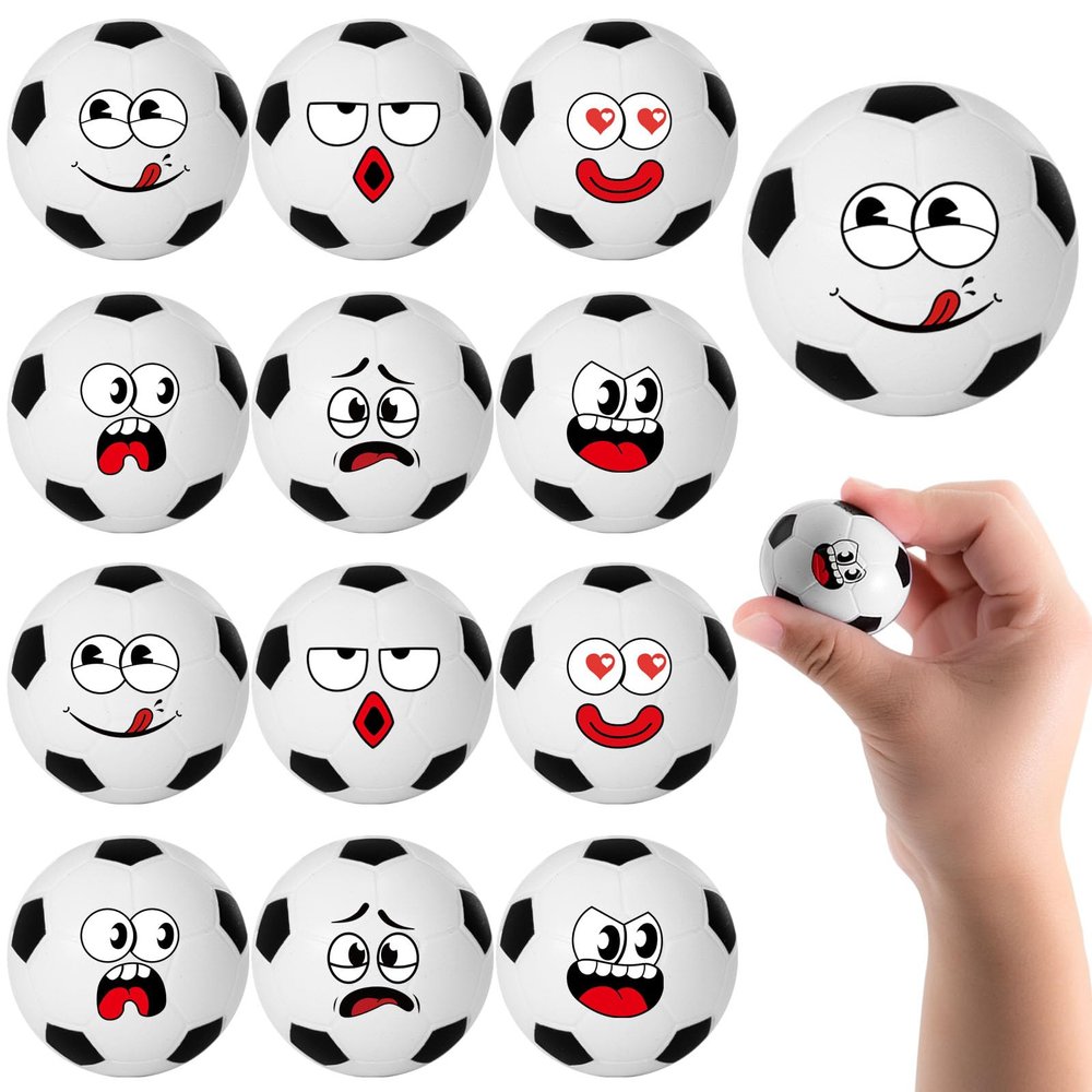 12 Pack Soccer Stress Balls with 6 Funny Faces - 1.57 Inch Mini Squishy Soccer Party Favors, Goodie Bag Stuffers, Classroom Treasure Box Prizes, Teen Anxiety Relief Toys & Kids Birthday Gifts