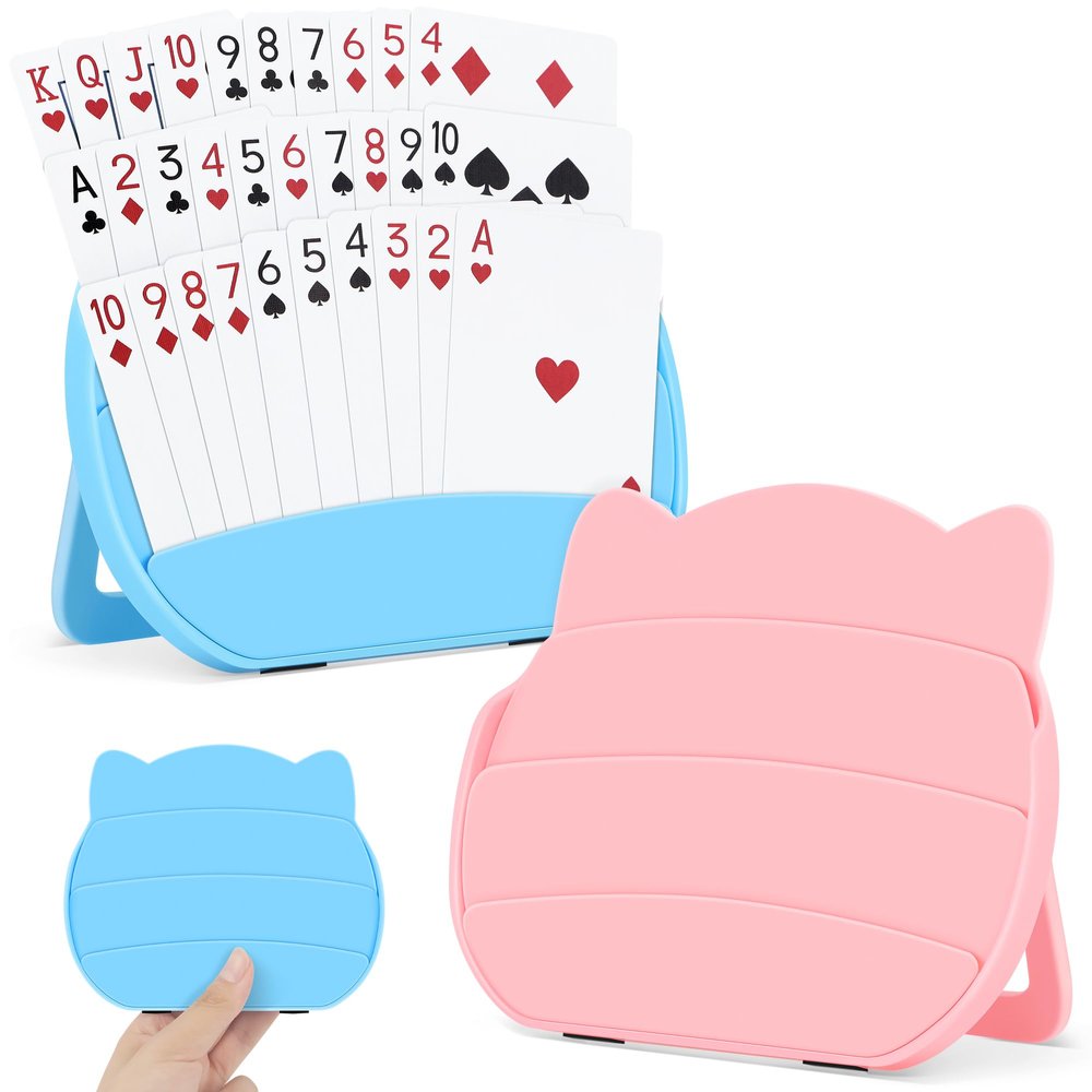 Card Holders for Playing Cards, 2 Pack Playing Card Holder for Kids Adults and Seniors, Hands Free Card Game Holder for Arthritis Little Hands,Poker Parties Travel Family Game Nights (Blue & Pink)