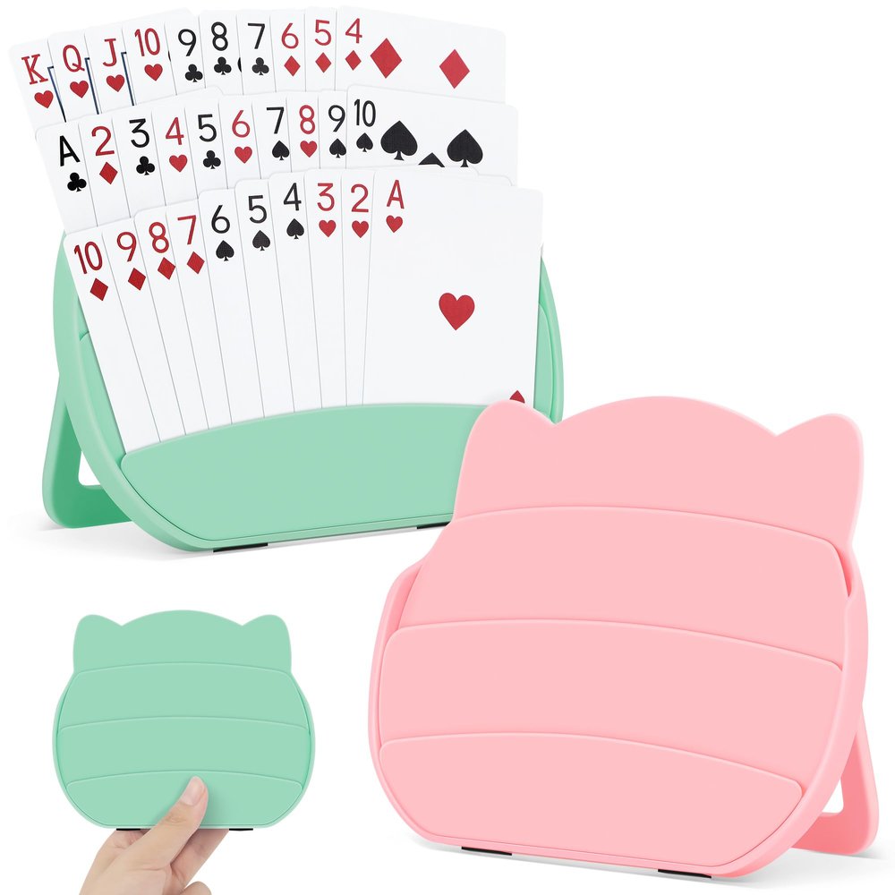 Card Holders for Playing Cards, 2 Pack Playing Card Holder for Kids Adults and Seniors, Hands Free Card Game Holder for Arthritis Little Hands,Poker Parties Travel Family Game Nights (Green & Pink)
