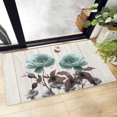 Indoor Doormat Rustic Teal Brown Grey Flowers,Shaggy Floor Mat with Non-Skid Backing Watercolor Butterfly on Wood,Machine Washable Plush Area Rug Carpets for Kitchen Nursery Bedroom