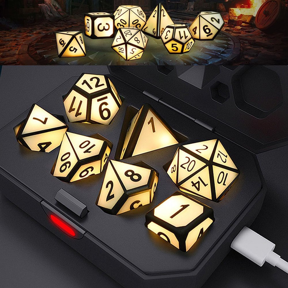 7 PCS Light Up DND Dice Set,Glow in The Dark Dice with Rechargable Dice Storage Box, D4,D6,D8,D12,D20,2PCS D10 LED D&D Polyhedral Role Playing Dice for RPG Table Games LED DND Dice Set Warm Light
