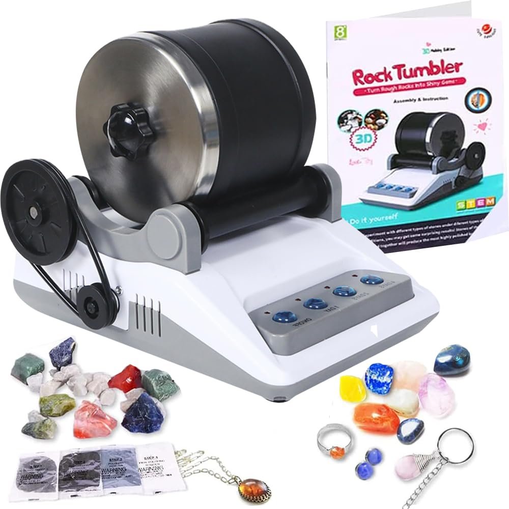 Azefun Rock Tumbler Kit, Enjoy 7-Days Polishing for DIY Stones, Hobby Eddition Rock Polisher Tumbler Kit with Rough Gemstones and 4 Polishing Grits,STEM Science Kit for Geology Enthusiasts