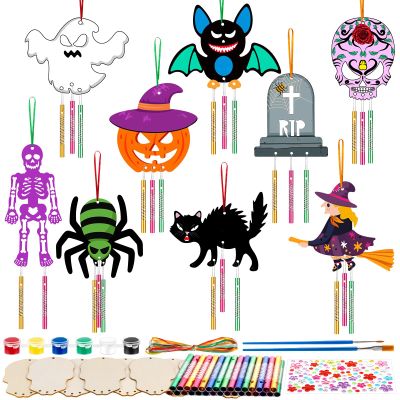 18 Pcs Halloween Wind Chime Kit, DIY Wooden Wind Chimes Wooden Crafts for Kids, Birthday, Party Decoration
