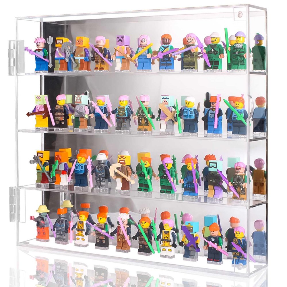 Acrylic Minifigure Display Case, Clear Display Cases for Collectibles with Mirrored, Figure Building Blocks Shadow Box, Small Anime Figure Thimble Showcase Holds 40 Minifigs (Figure not Included)