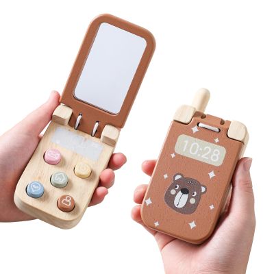 Wooden Baby Cell Phone Toy, Flip Pretend Play Phone for Toddlers - with Mirror & Functional Buttons, Enhance Fine Motor Skills, Natural Wood Toy , Ideal Gift for Kids 1 - 3