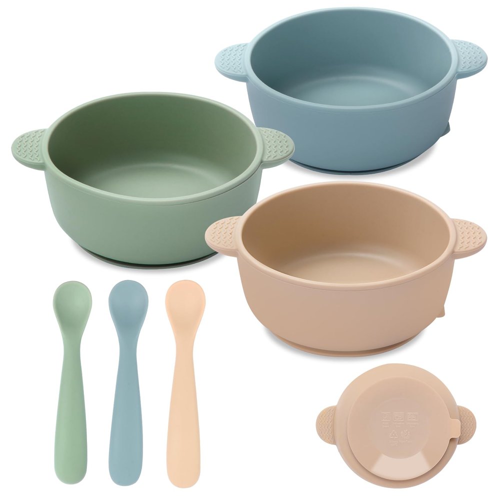 Eascrozn Baby Bowls with Suction and Baby Spoons Set of 3, Silicone Stay Put Bowls and Feeding Spoons for Babies Toddlers Kids, BPA Free,Microwave and Dishwasher Safe