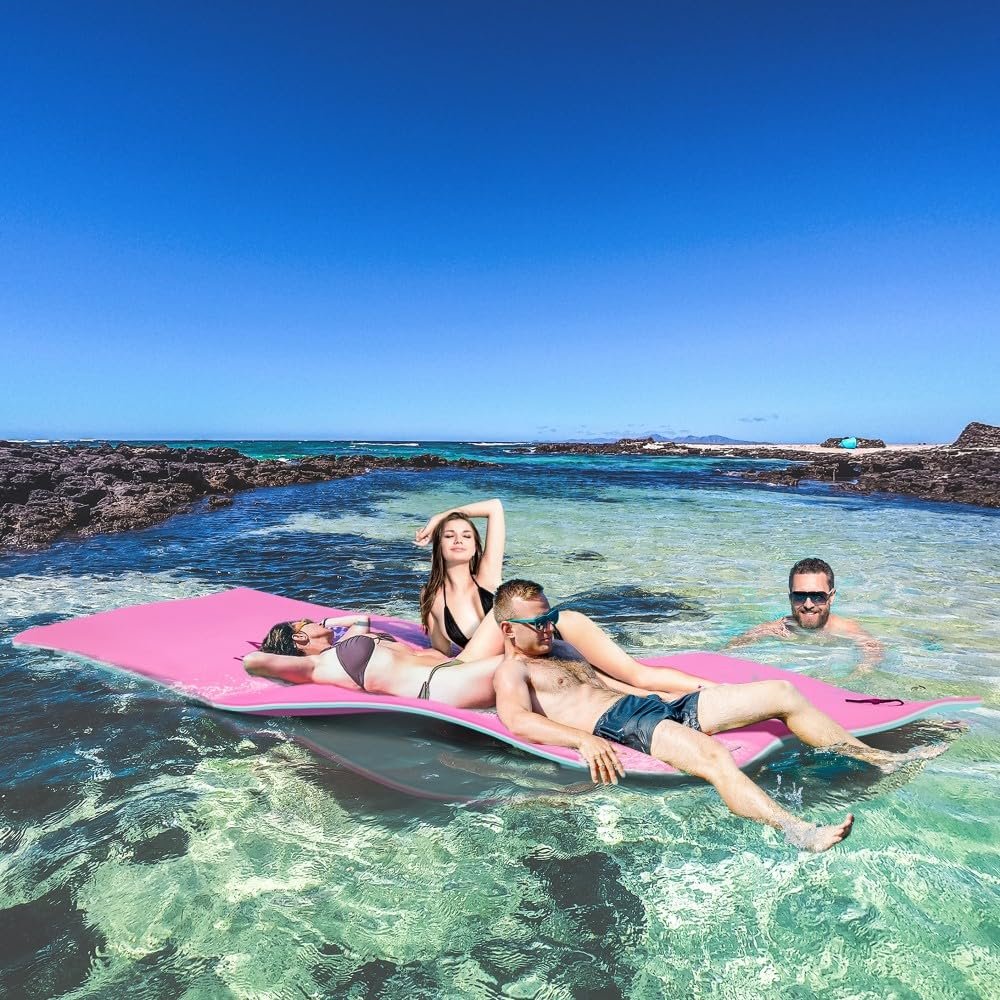 12' x 5' Floating Mat for Pool, 3-Layer Lily Pad Floating Pool Mat with Cup Holders, Thick and Durable Water Activities Lily Pad for Pool, Oceans,Beach (Blue+Pink, 12' x 5')