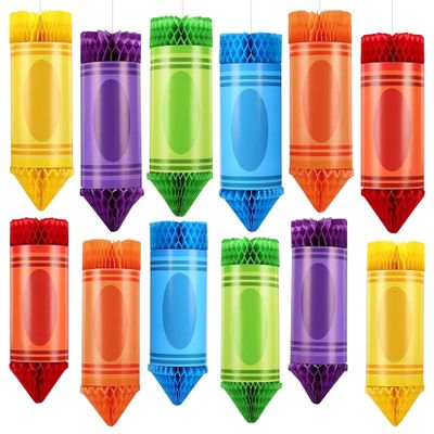 12Pcs Back to School Decorations Honeycomb Centerpieces, Crayon Hanging Decorations Colorful Crayon Paper Lanterns Classroom Ceiling Decor for First Day of School Birthday Supplies