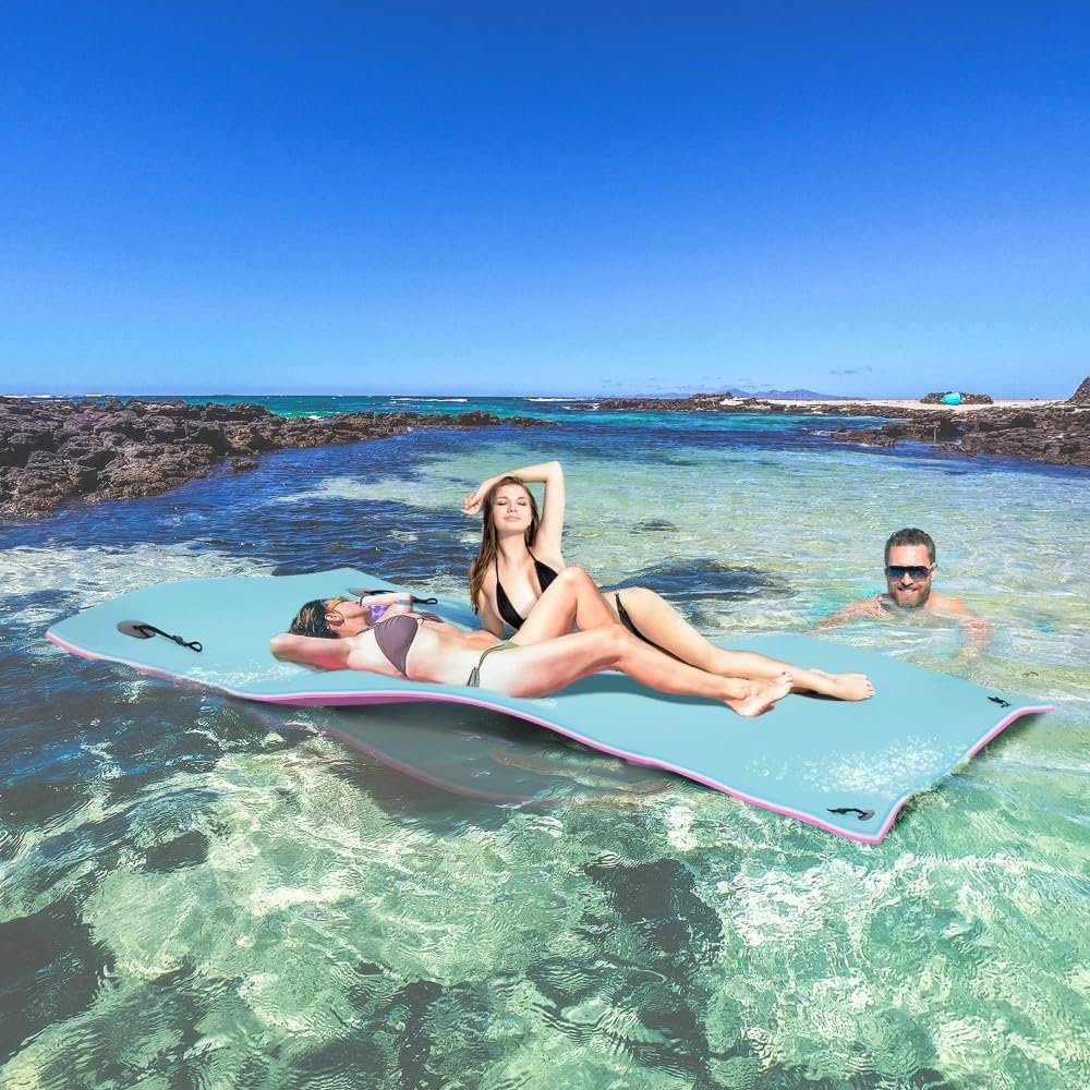 10' x 5' Floating Mat for Pool, 3-Layer Pool Lily Pad Floating Mat with Cup Holders, Thick and Durable Water Activities Lily Pad for Pool, Oceans,Beach (Blue+Pink, 10' x 5')