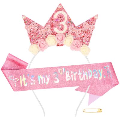 Atoden 3 Year Old Birthday Headband and Sash Happy 3rd Birthday Decorations for Girl Glitter Flower Princess Crown Tiara with Pink Bow Party Costume Outfit Gifts