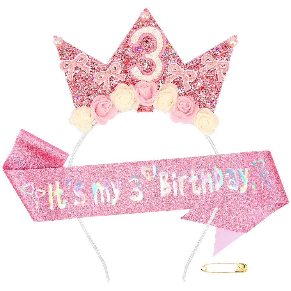 Atoden 3 Year Old Birthday Headband and Sash Happy 3rd Birthday Decorations for Girl Glitter Flower Princess Crown Tiara with Pink Bow Party Costume Outfit Gifts
