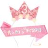 Atoden 3 Year Old Birthday Headband and Sash Happy 3rd Birthday Decorations for Girl Glitter Flower Princess Crown Tiara with Pink Bow Party Costume Outfit Gifts view 1