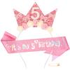 Atoden 5 Year Old Birthday Headband and Sash Happy 5th Birthday Decorations for Girl Glitter Flower Princess Crown Tiara with Pink Bow Party Costume Outfit Gifts view 1