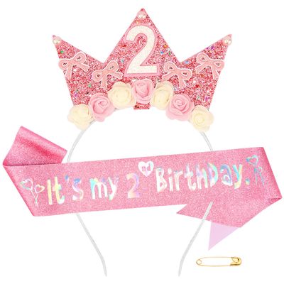 Atoden 2 Year Old Birthday Headband and Sash Happy 2nd Birthday Decorations for Girl Glitter Flower Princess Crown Tiara with Pink Bow Party Costume Outfit Gifts
