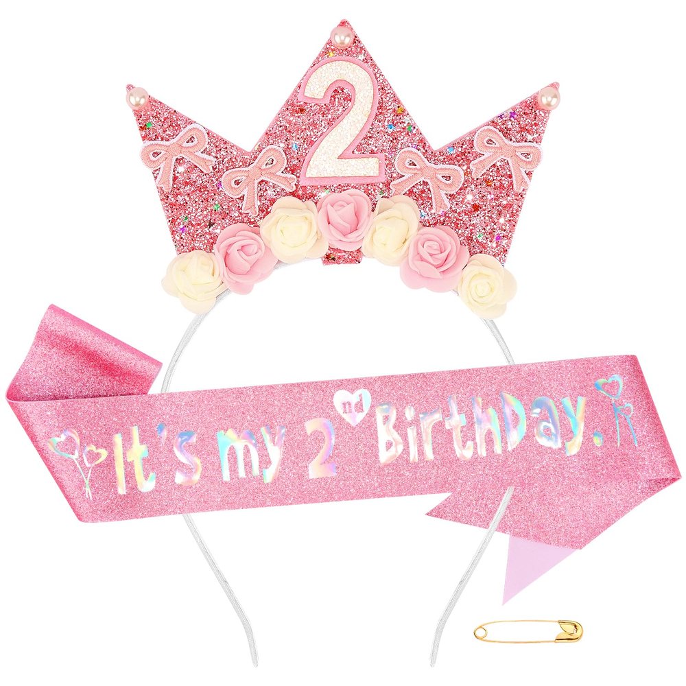 Atoden 2 Year Old Birthday Headband and Sash Happy 2nd Birthday Decorations for Girl Glitter Flower Princess Crown Tiara with Pink Bow Party Costume Outfit Gifts