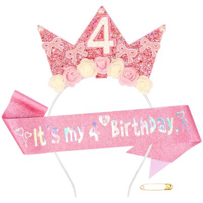 Atoden 4 Year Old Birthday Headband and Sash Happy 4th Birthday Decorations for Girl Glitter Flower Princess Crown Tiara with Pink Bow Party Costume Outfit Gifts