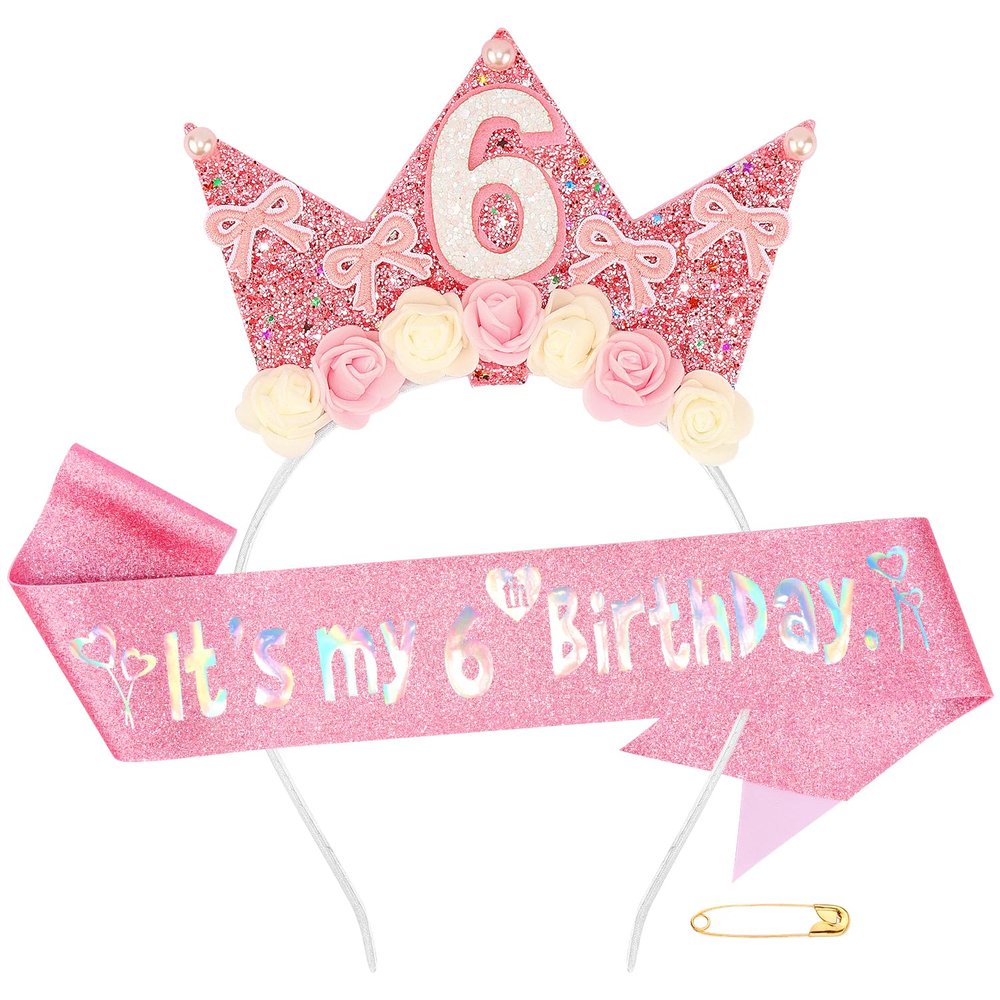 Atoden 6 Year Old Birthday Headband and Sash Happy 6th Birthday Decorations for Girl Glitter Flower Princess Crown Tiara with Pink Bow Party Costume Outfit Gifts