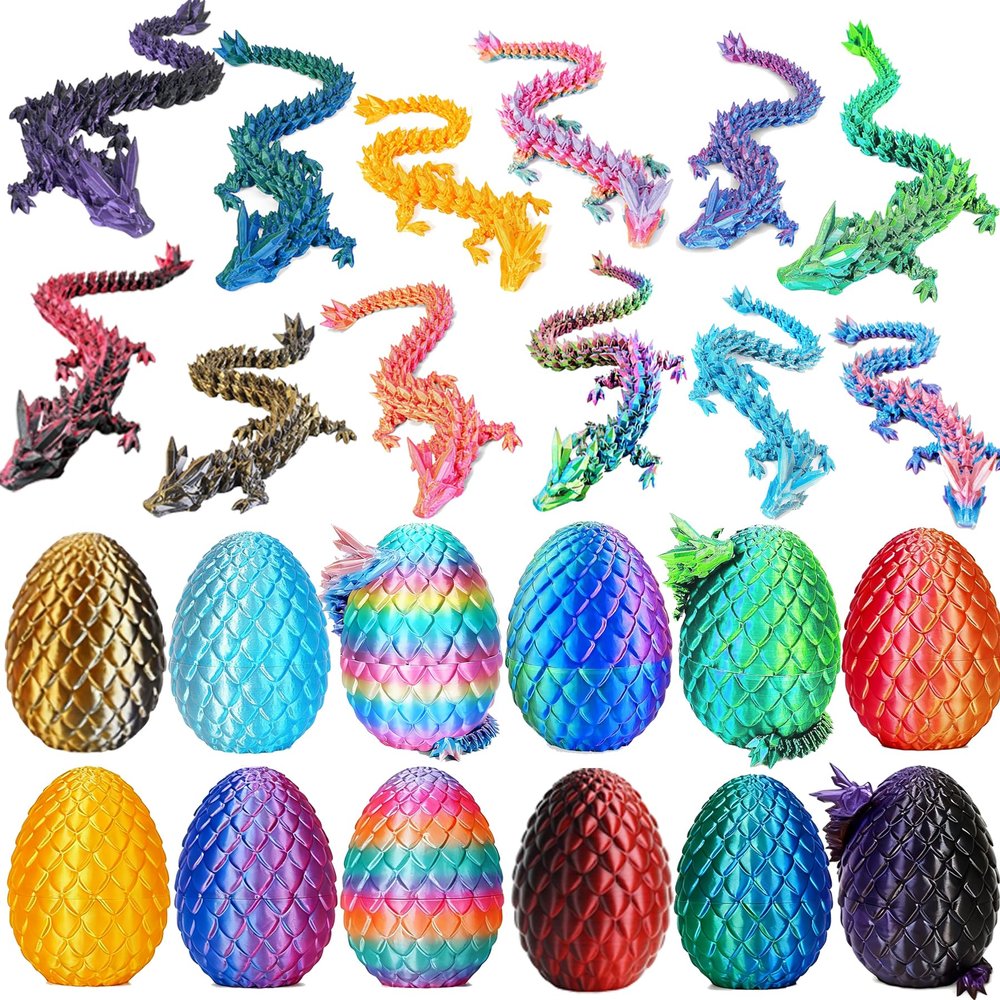 12 Pcs 3D Printed Dragon Eggs with Dragon Inside, Mystery Articulated Dragon Toy Set, Flexible Crystal Dragon Figurines, Christmas Basket Stuffers Stocking Stuffers Birthday Gifts for Kid Teens Adults