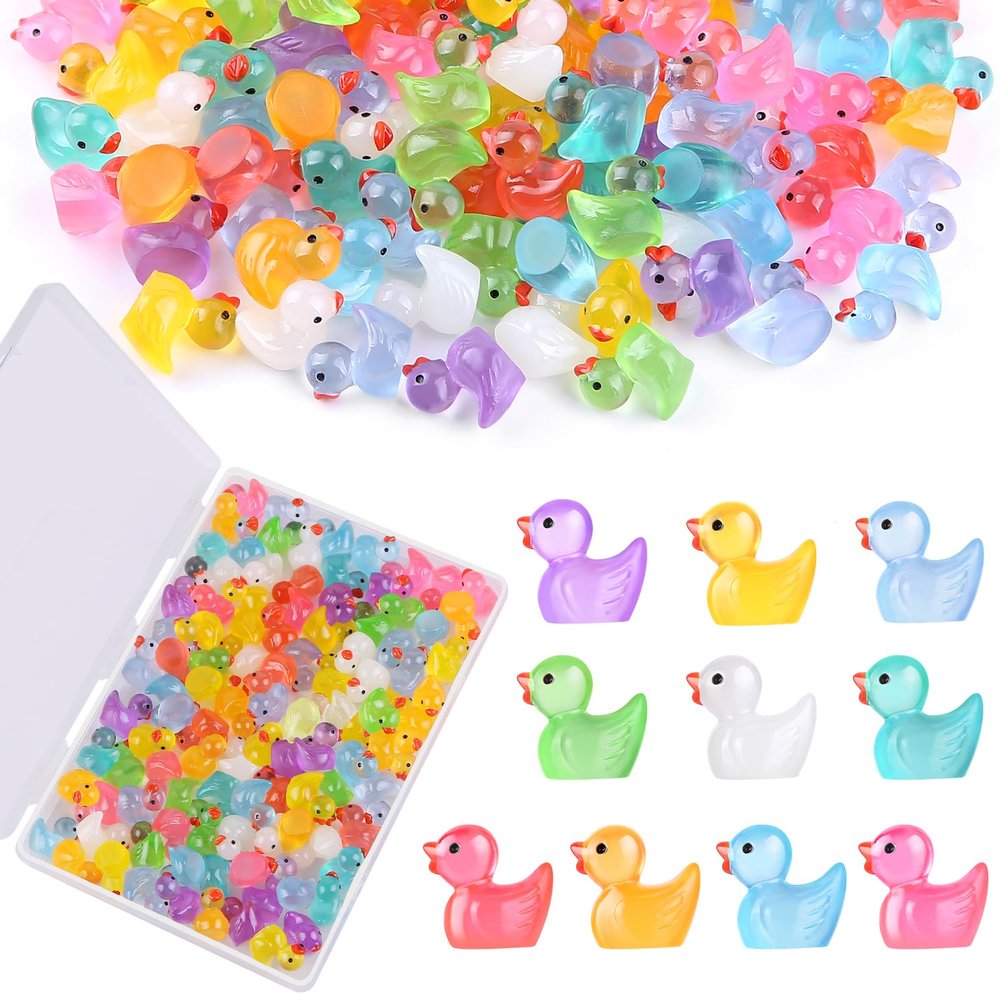 100 Pack Luminous Mini Resin Ducks, 10 Colors Tiny Ducks Glow in the Dark with Container, Bulk Small Plastic Animals Toys Miniature Figurines for Dollhouse Landscape Garden Aquarium Party Favors Gifts