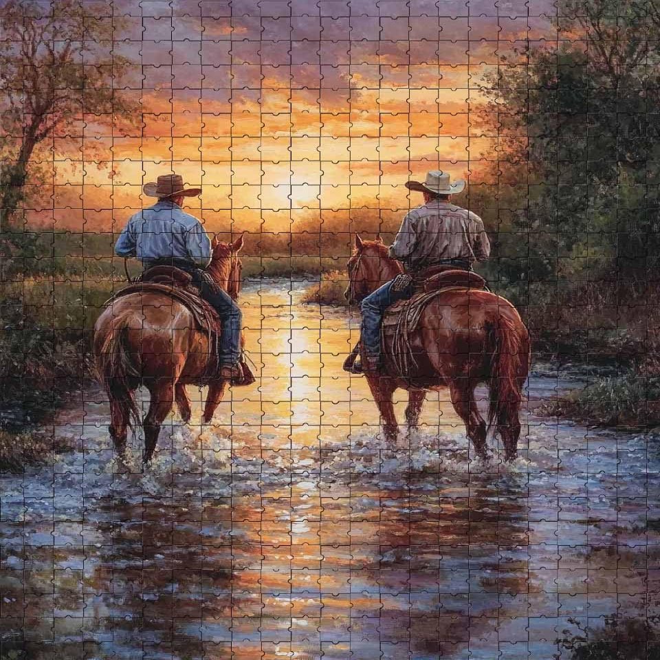 Challenging and Serene Jigsaw Game Featuring Cowboys River Crossing Sunset 1000 Piece Puzzle for Adults and Western Enthusiasts Wall Decor and Family Fun Gift
