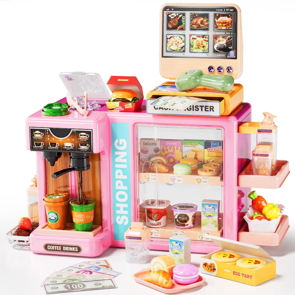 Pupu Pig Kids Grocery Store Playset, Fun Play Store with Realistic Cash Register Toy, Scanner, Play Food, Coffee Maker, Play Money & Credit Card, Preschool Toys for Boys Girls Birthday Gifts 3+
