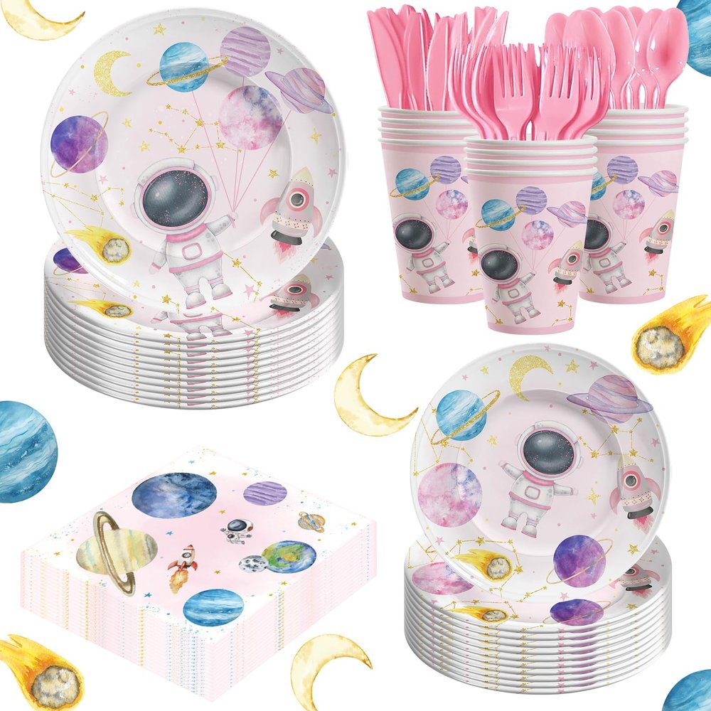 140PCS Space Themed Paper Plates Party Supplies Decorations, Supplies for Girls Baby Birthday Party Decorations Pink Moon Star Outer Space Planet Theme Plates Set for 20 Guests