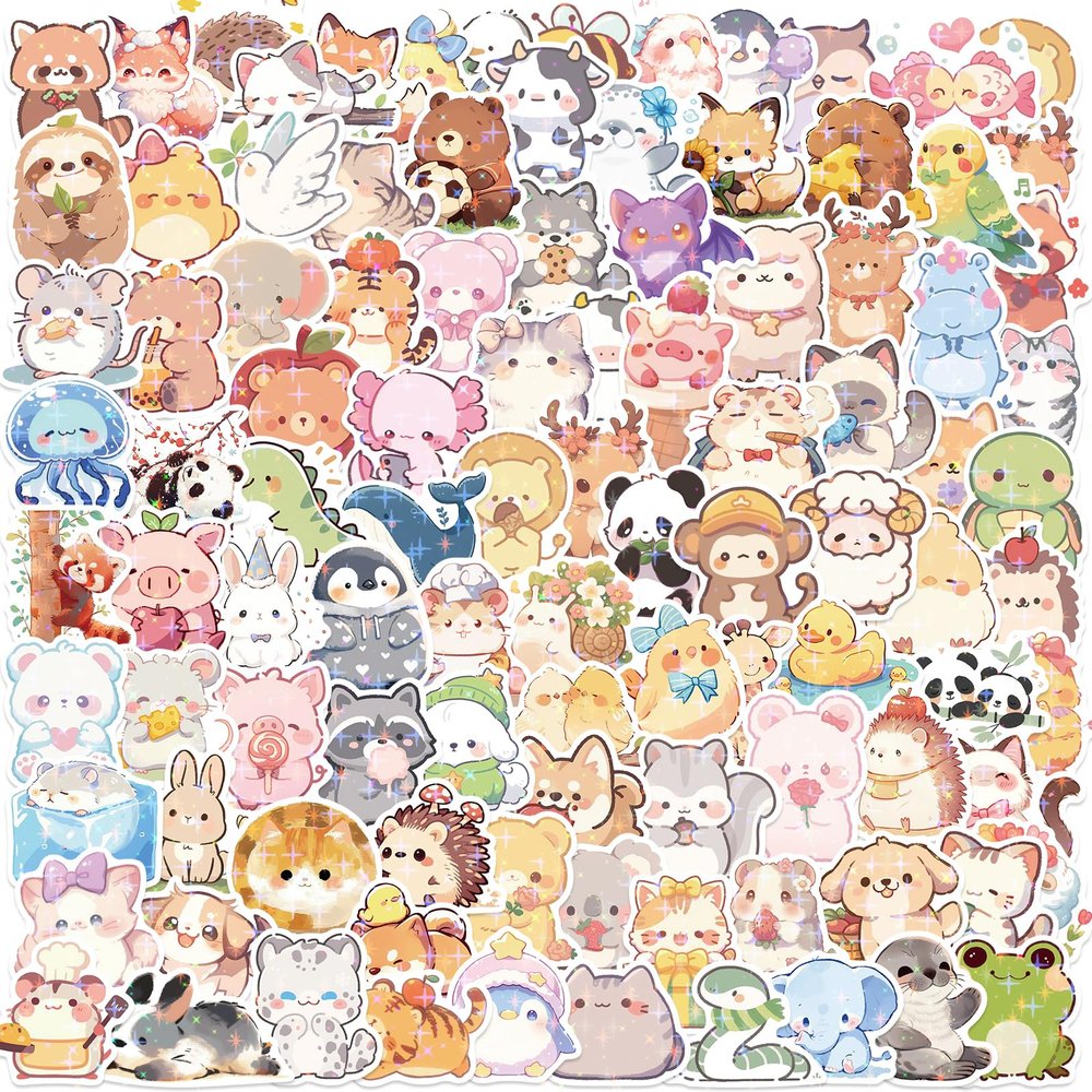 100PCS Cute Animal Stickers, Holographic Animal Stickers for Kid, Cute Sticker for Water Bottle Laptop Phone Girls Boys Classroom Reward for Students