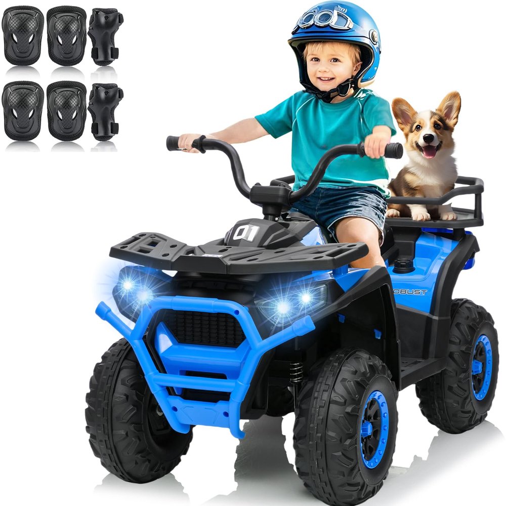 24V 4x4 Ride on Toys Car, BLISSRIDE Kids ATV Quad w/Kneepads, 5Mph Max Speed, Music, LED Lights, Rear Storage Rack, Big Tires, Safe Soft Start&Brake, Electric 4 Wheeler for Kids Boys Girls, L Blue