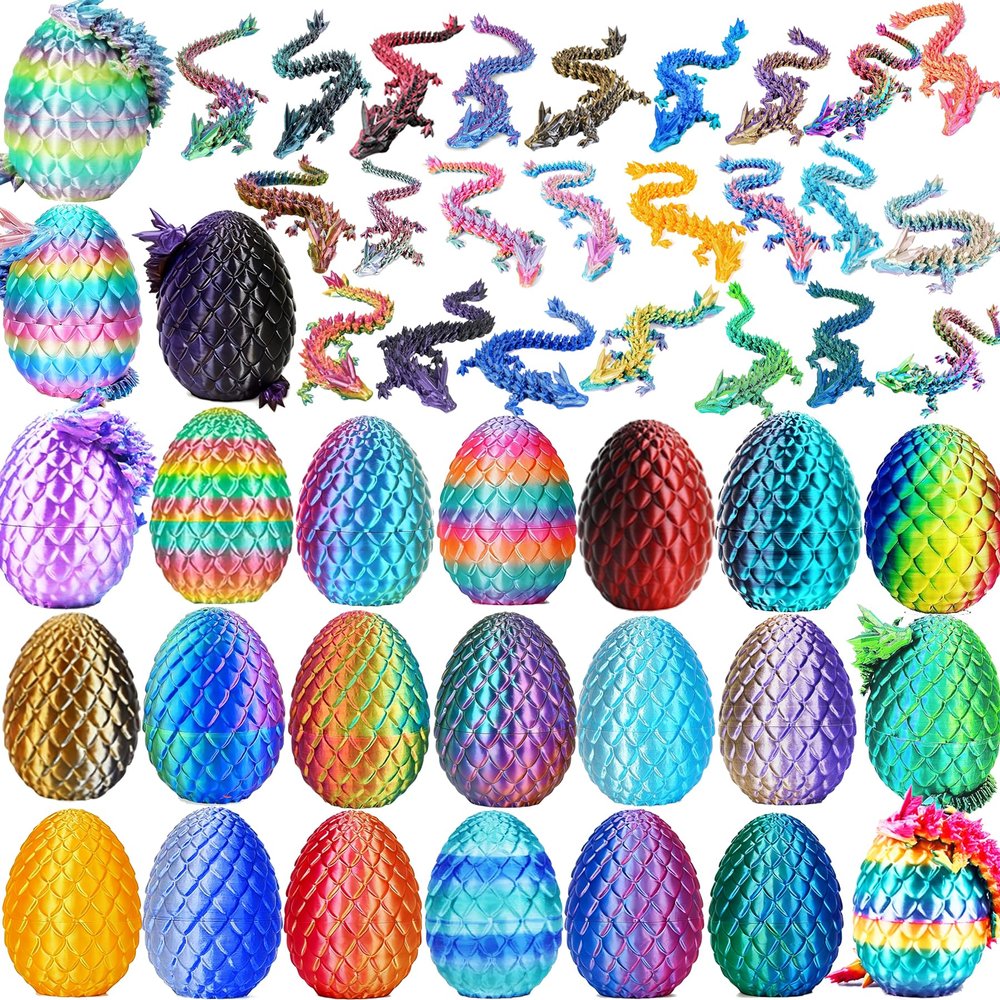 24PCS 3D Printed Dragon Eggs with Mystery Dragon Inside, Articulated Crystal Dragon Fidget Toys for Kids & Adults, Cool Desk Decor, Easter Basket Stuffers Christmas Stocking Stuffers Party Favors