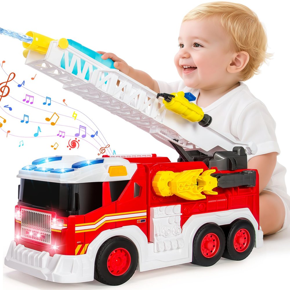 Large Fire Trucks Toys for Toddlers, Kids Toys for 3 4 5 6 7 8 Years Old Boys, 15" Firetruck Toy for Kids with Ladder, Lights, Sounds & Water Shooting, Christmas Birthday Gifts for Boys & Girls