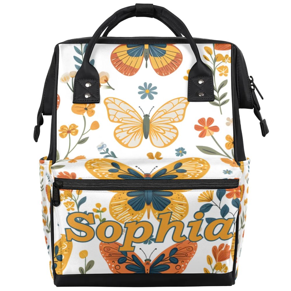 LCLJJDMBM Personalized Name Diaper Bag for Mom Dad,Custom Mommy Nappy Baby Bag,Casual Travel Tote Backpack for Nursing Mommy,Gifts Butterfly Yellow