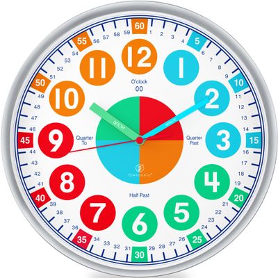 OWLCONIC Kids Clock, Non Ticking Analog Clocks for Learning to Tell Time, Teaching Clock for Kids Wall, Clocks for Classroom, Homeschool Decor, Bedrooms, Silent, Homeschooling Resource.