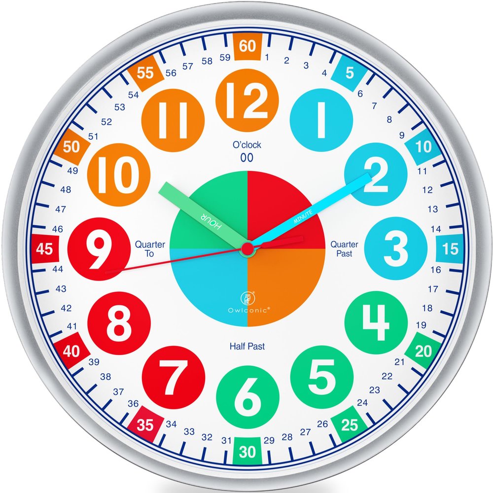 OWLCONIC Kids Clock, Non Ticking Analog Clocks for Learning to Tell Time, Teaching Clock for Kids Wall, Clocks for Classroom, Homeschool Decor, Bedrooms, Silent, Homeschooling Resource.
