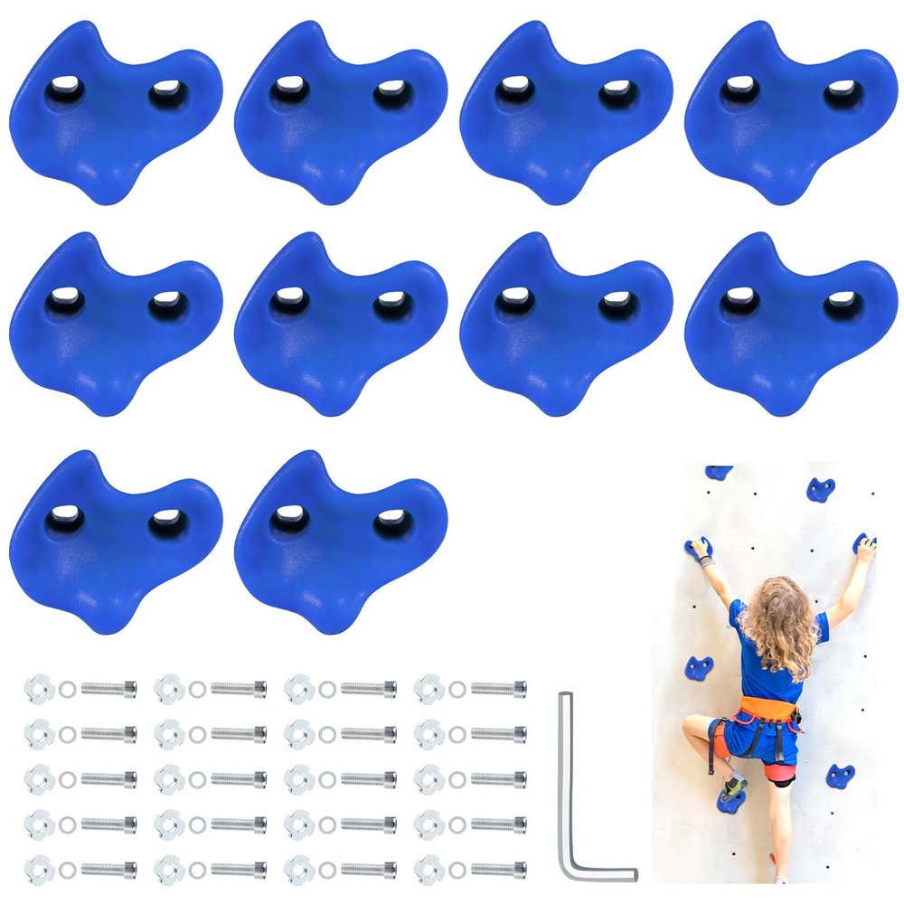 10PCS Blue Rock Climbing Holds, Extra Large Size Rock Climbing Wall for Kids, Climbing Rock Wall Grips with Mounting Hardware and Wrench for Indoor Outdoor Playground, Installed on Wooden Board