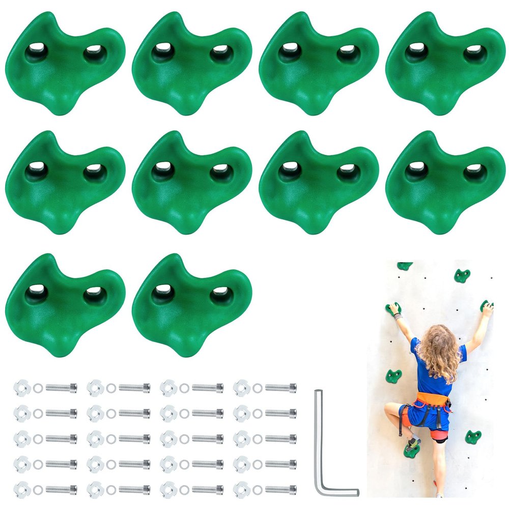 10PCS Green Rock Climbing Holds, Rock Climbing Wall for Kids, Extra Large Size Climbing Rock Wall Grips with Mounting Hardware and Wrench for Indoor Outdoor Playground, Installed on Wooden Board
