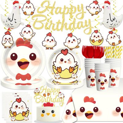142 Pcs Chicken Birthday Decorations Farm Animal Chicken Theme Banner Balloons Cake Decorations Plates Napkins and Tablecloth Birthday Decorations Little Chick Party Supplies Chicken Decor