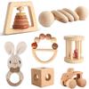 Wooden Toys for Babies, 7PCS Wooden Baby Rattle for 7-24 Months Boys Girls, Natural Wood Montessori Toys Set with Crochet Rabbit Rattle for Infant Grasping, Gift for Baby view 1
