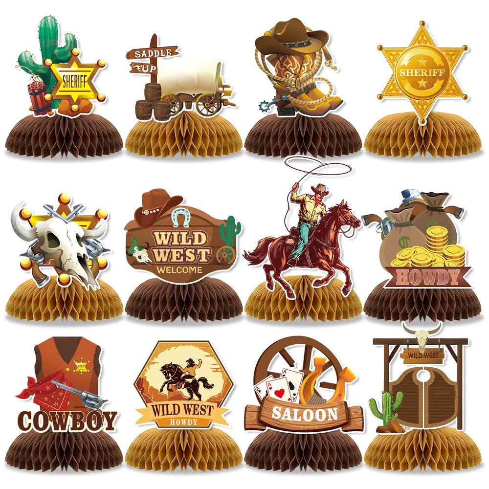 12 Pcs Wild West Party Decorations, Western Cowboy Happy Birthday Decorations, Cowboy Table Honeycomb Centerpieces Decor Table for Party Supplies for Women Men The West Cow Boys Girls Cowgirl Rodeo