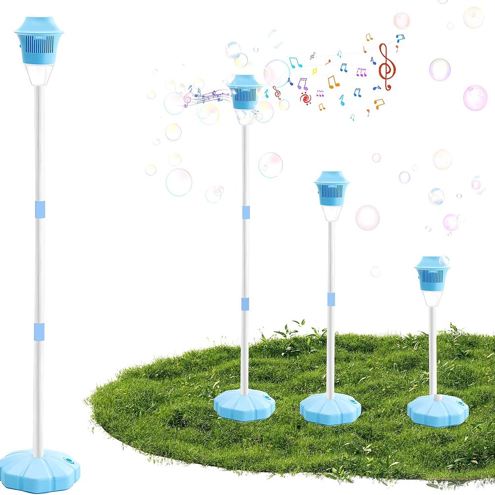 Bubble Machine Maker Stand, 21-47 Adjustable Height Magical Bubble Torch Garden Lamp Rechargeable with Lights and Music, Vertical Bubble Machine for Wedding Birthday Christmas Outdoor (Blue)