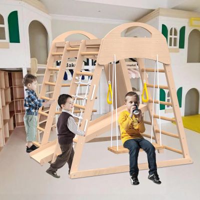 7-in-1 Indoor Playground Jungle Gym Playset, Wooden Montessori Climbing Activities with Slide, Climbing Wall, Jungle Gyms for Kids